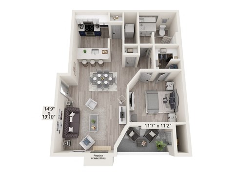 Floor plan for 1 bed, 1 bath, 785 sqft